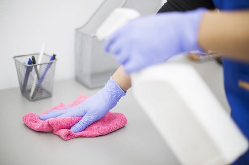 Technician reviewing completed carpet cleaning work after treatment