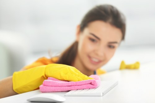 Local technician cleaning a lounge sofa in a Hollandpark property