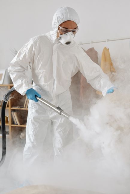 A person dressed in white protective coveralls and blue gloves is performing deep cleaning using a steam cleaning machine on a carpeted floor in a basement. The room features white painted walls and a light-colored carpet that appears to be in the process of sanitisation or steam cleaning, indicated by visible steam vapor and the equipment's spray feature. A hose attached to the steam cleaner extends from the device, which the individual is holding upright to treat the carpet. There is natural or artificial lighting illuminating the space, highlighting the cleanliness condition of the surface. This image emphasizes surface cleaning and sanitisation efforts in a basement setting, illustrating typical work conducted by Holland Park Carpet Cleaners, aligning with common issues associated with steam cleaning and error code 521 in such environments.