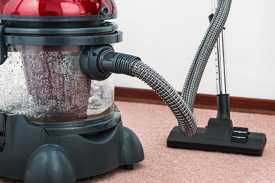 Close-up image of a modern vacuum cleaner with a transparent dust container, showing dust and debris inside, positioned on a pink carpet in a room with white walls and a wooden skirting board. The vacuum’s flexible hose and cleaning head are visible, resting on the carpet, suggesting active or recent surface cleaning and deep cleaning to maintain hygiene and cleanliness in a residential setting. The scene highlights professional domestic cleaning tools as used by Holland Park Carpet Cleaners for surface cleaning and sanitisation of carpets and upholstery.