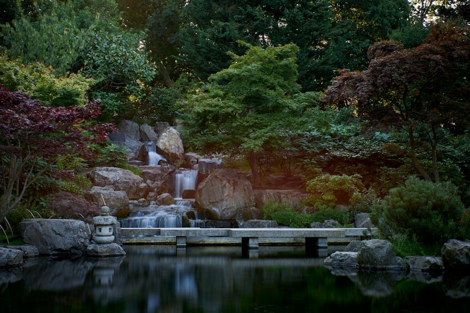 A natural outdoor scene featuring a small cascade of water flowing over large, irregularly shaped rocks in a lush green setting, with trees in the background providing dappled sunlight. The water appears clear and moving gently over the stones, creating small pools and ripples. The rocks are of various sizes and colors, predominantly gray and brown, with some moss growth visible. The scene emphasizes the natural aesthetic and tranquility. This image relates to surface cleaning and maintenance in garden or outdoor environments, akin to the detailed stain removal tips offered by Holland Park Carpet Cleaners at https://hollandparkcarpetcleaners.com.