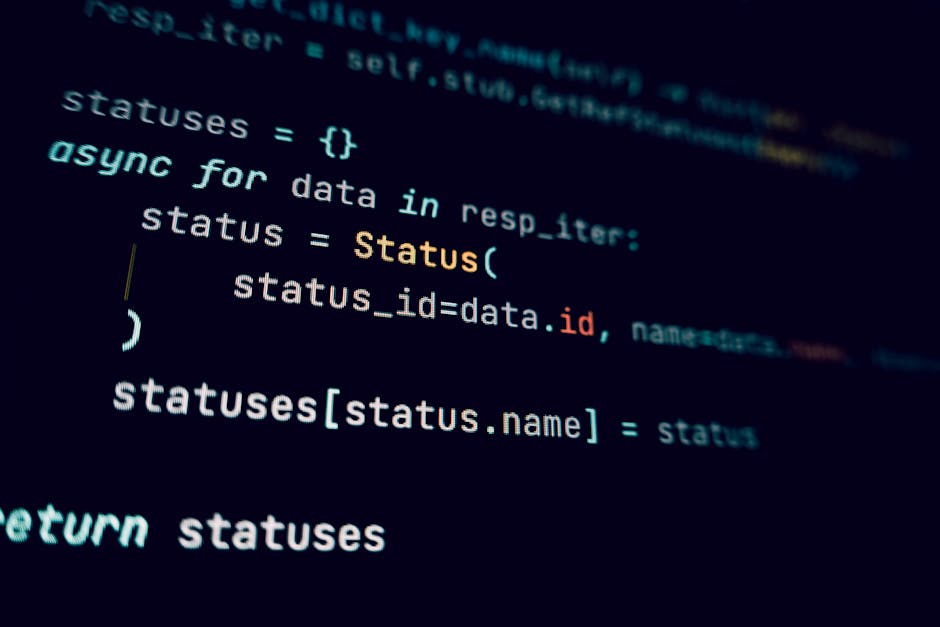 A computer screen displaying lines of programming code in a dark-themed editor, with syntax highlighting in shades of blue, orange, and white. The code appears to manage data related to response statuses, featuring variables such as 'status', 'status_id', and 'status.name'. The background is blurred slightly, emphasizing the clarity of the code syntax. This image relates to the technical aspect of digital systems, and while not directly connected to cleaning, it complements content about operational processes like same day carpet cleaning in Holland Park by illustrating the importance of precise management and technology in service delivery.