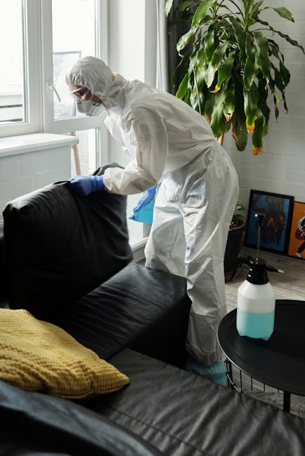 A modern living room scene featuring a blue fabric sofa with a slightly rumpled cream throw blanket draped over one armrest, situated next to a side table with a reflective metallic surface. On the table, there are yellow rubber cleaning gloves, a pink cloth, and a transparent spray bottle with a green nozzle, all indicating recent surface cleaning or maintenance efforts. The background includes a potted plant with lush green leaves, positioned against a neutral wall illuminated by soft, natural lighting, creating a clean and well-maintained atmosphere suitable for discussing domestic surface cleaning and hygiene tips. Holland Park Carpet Cleaners' branding is subtly implied to emphasize professional cleaning services associated with the page titled 'W11 upholstery cleaning tips for Campden Hill flats, error code: 521', highlighting experts in deep cleaning and sanitisation.